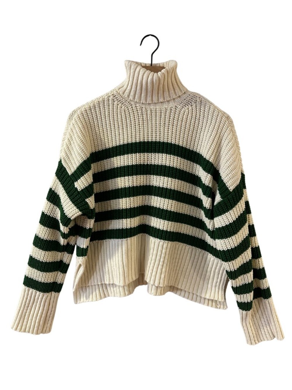 Madewell Oversized Roll Nexk Cotton Blend Green Stripe Cropped Sweater - size S